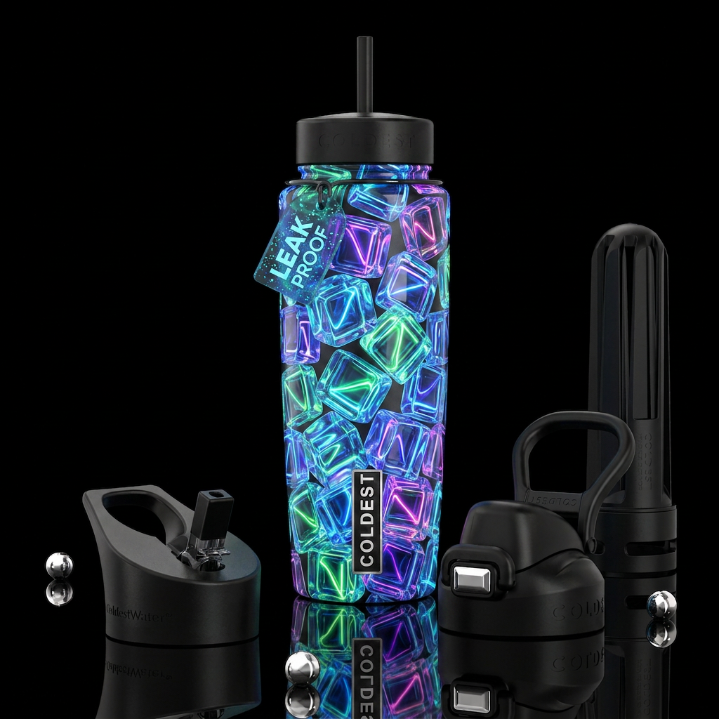 Neon ice cubes, glossy, trompe-l'œil, beautiferous... water bottle design