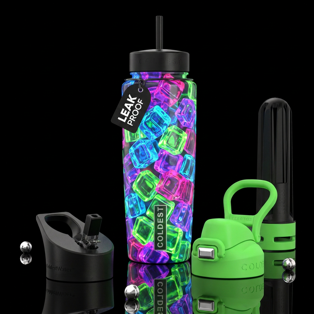 Neon ice cubes, glossy, trompe-l'œil, beautiferous... water bottle design