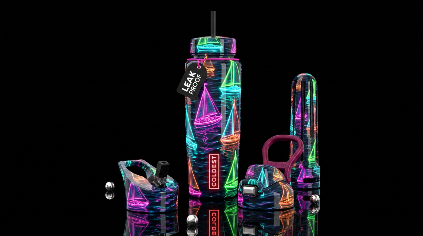 Neon sailboats, glossy, trompe-l'œil, beautiferous... water bottle design