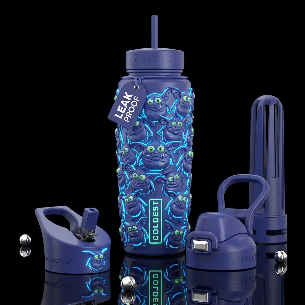 Bluish purple fat flying imp with big green eyes, ... water bottle design
