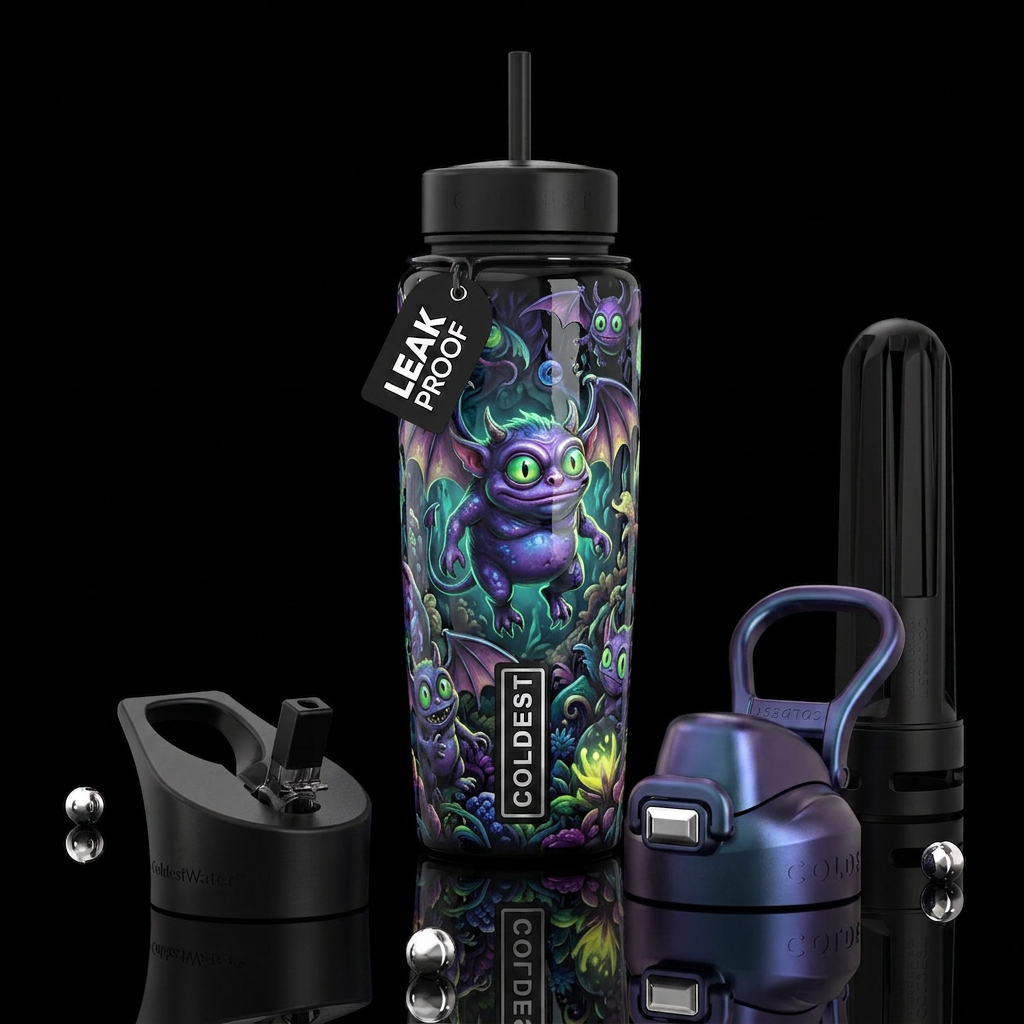 Bluish purple fat flying imp with big green eyes, ... water bottle design