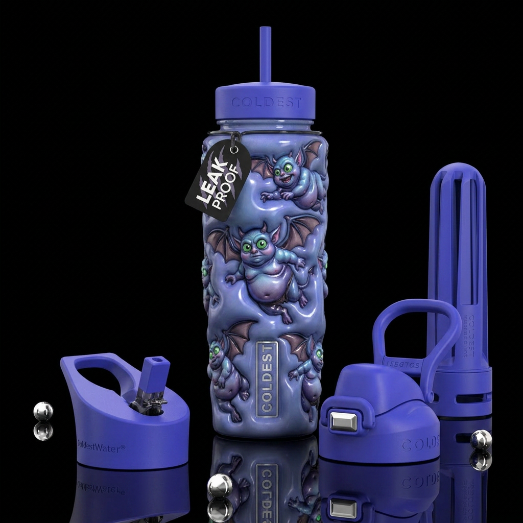 Bluish purple fat flying imp with big green eyes, ... water bottle design