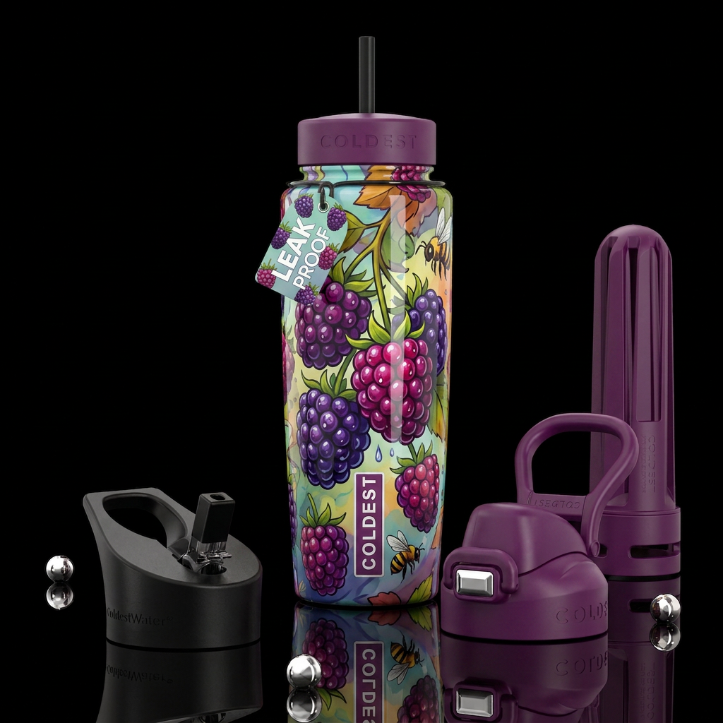 Boysenberries glossy, trompe-l'œil, beautiferous, ... water bottle design
