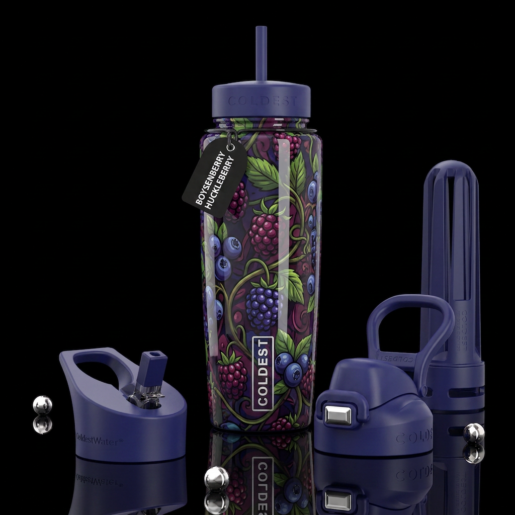 Boysenberries Huckleberry glossy, trompe-l'œil, be... water bottle design