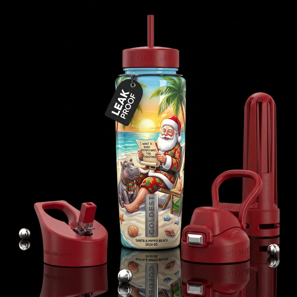 Santa and baby hippo on a beach and Santa reading ... water bottle design