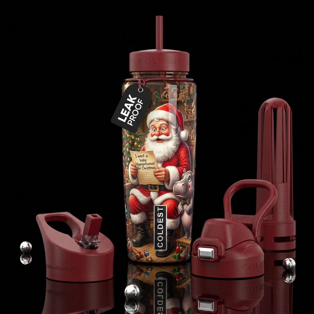 Santa and baby hippo at his wonderous workshop and... water bottle design