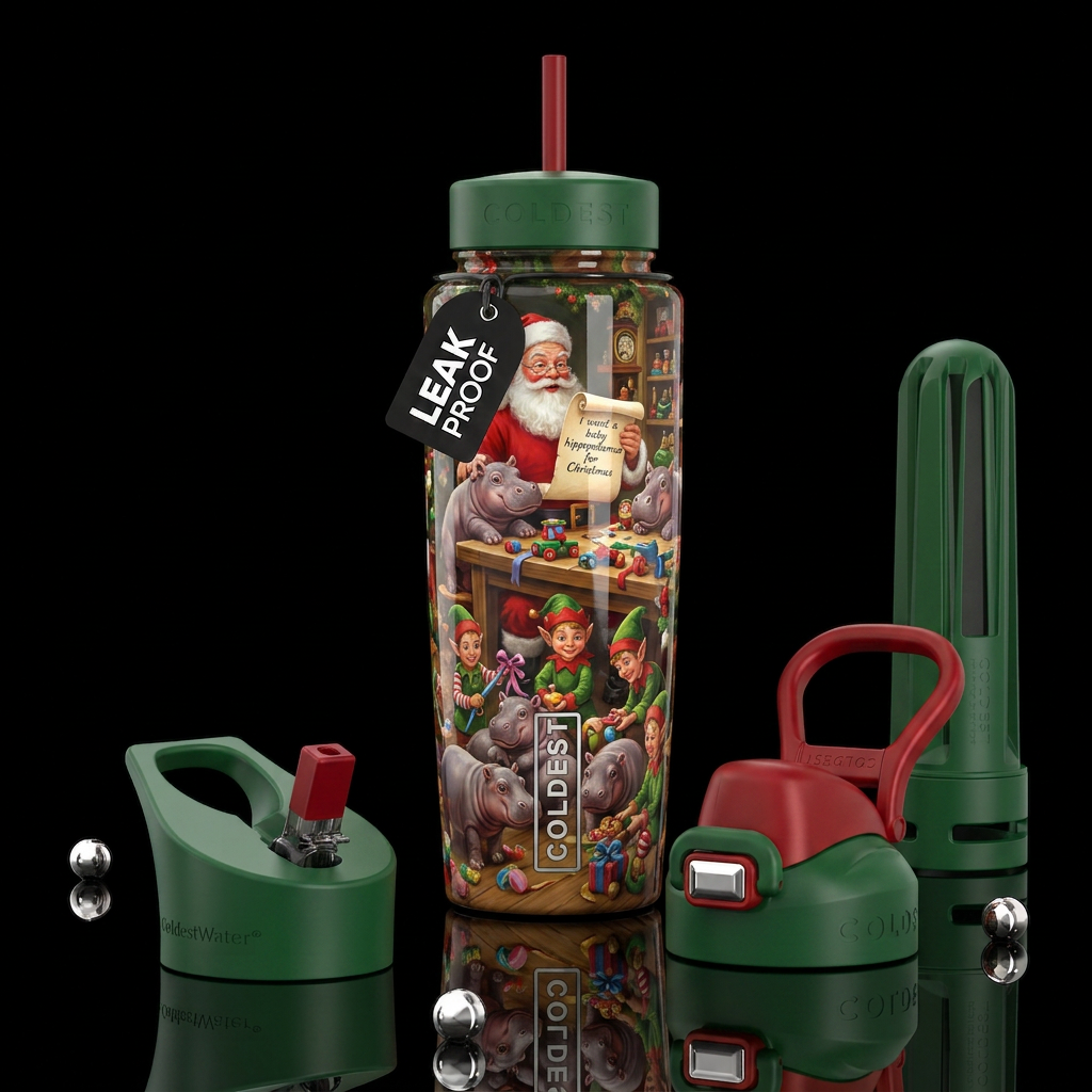 Santa and baby hippo at his wonderous workshop and... water bottle design