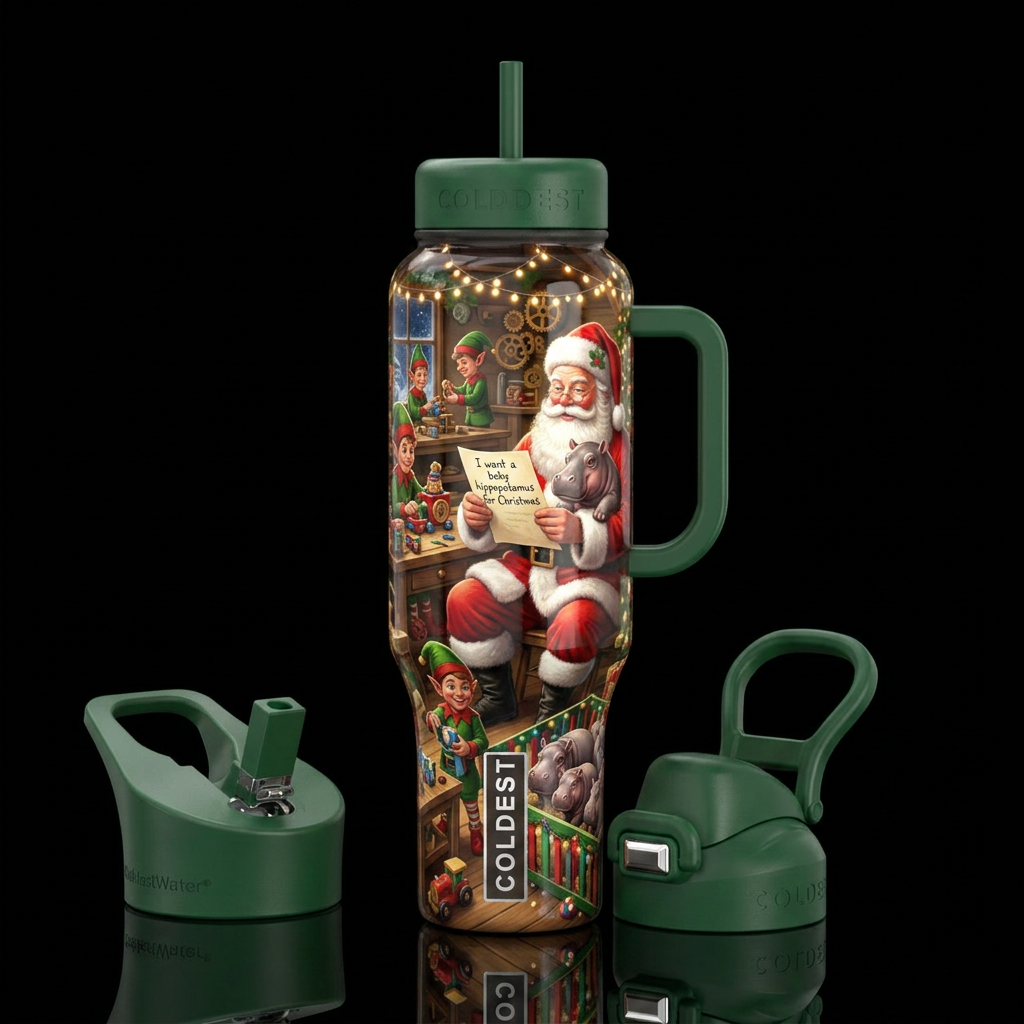 Santa and baby hippo at his wonderous workshop and... water bottle design