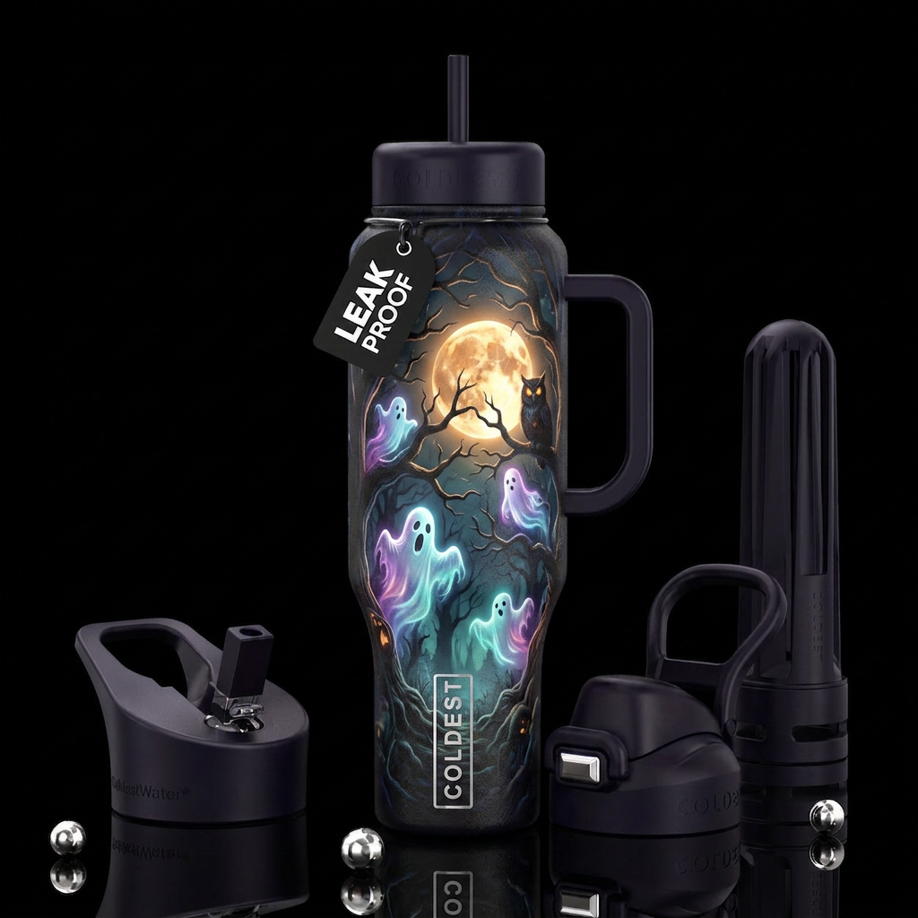 Halloween beautiferous ghosts glowing, full moon i... water bottle design