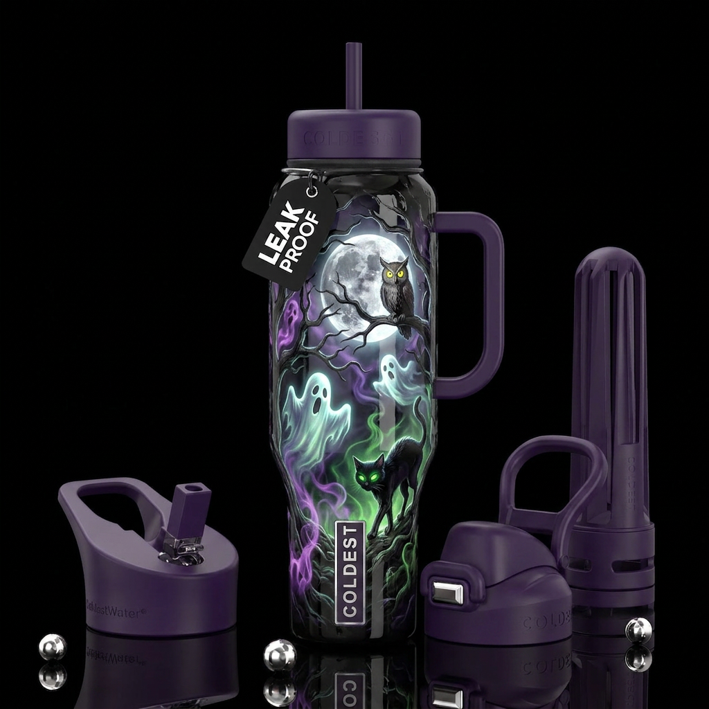 Halloween beautiferous ghosts glowing, full moon i... water bottle design