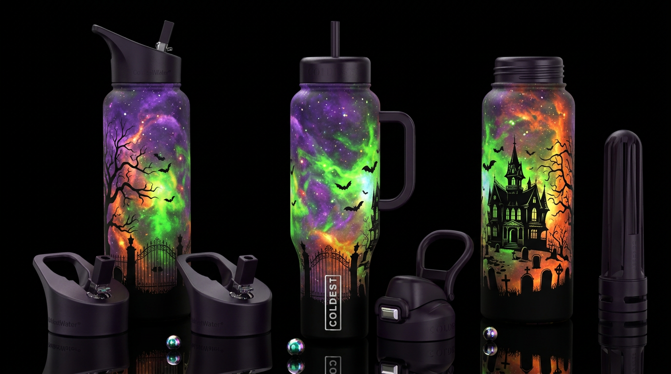 The design features a continuous, detailed dark fa... water bottle design