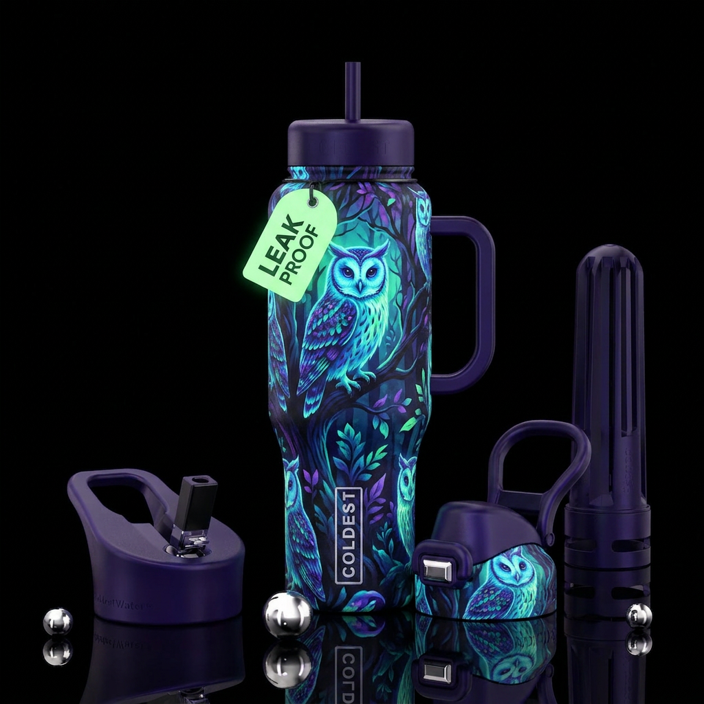 Ghost owl in trees glow in the dark, glossy, tromp... water bottle design