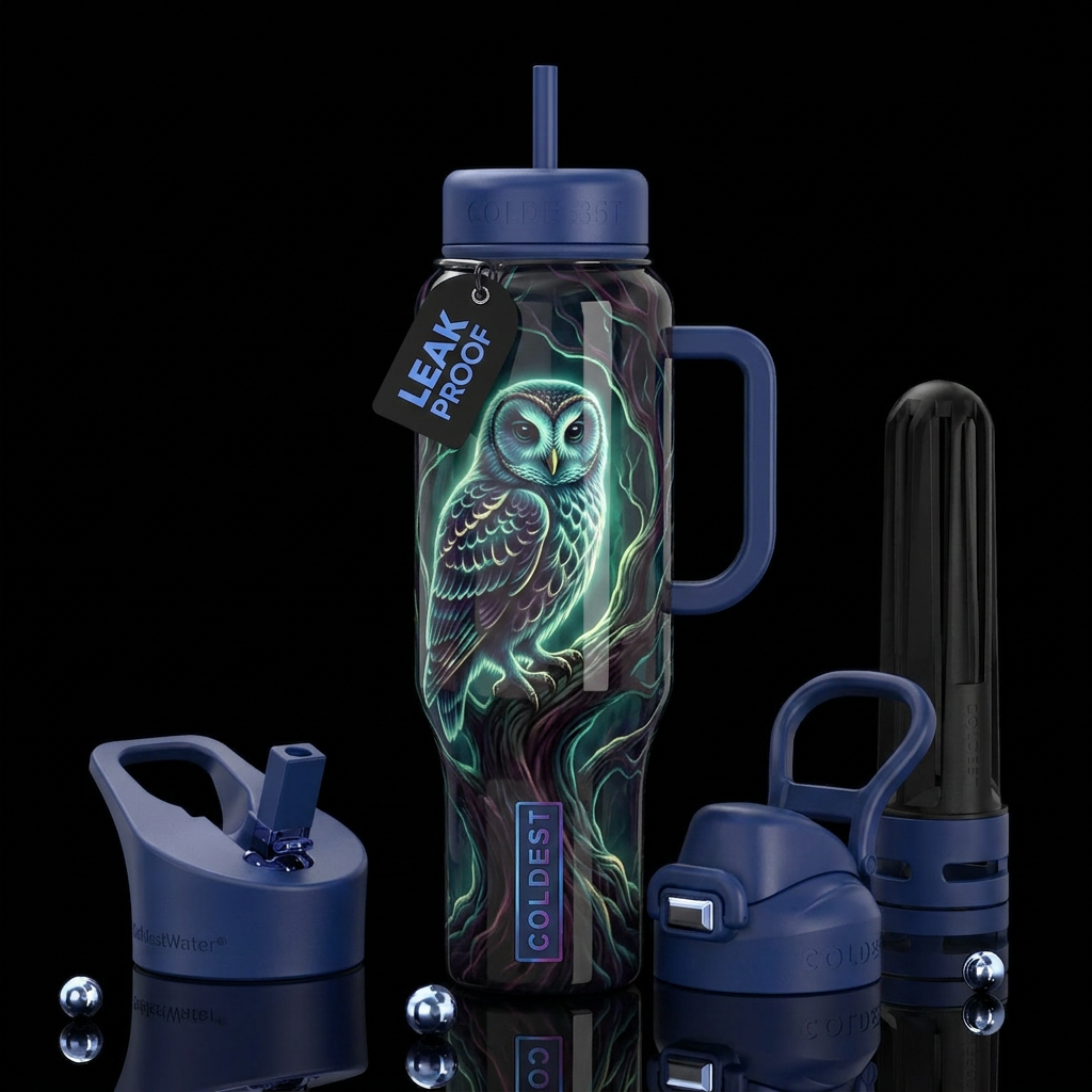 Ghostly owl in elaborate trees  , glossy, trompe-l... water bottle design
