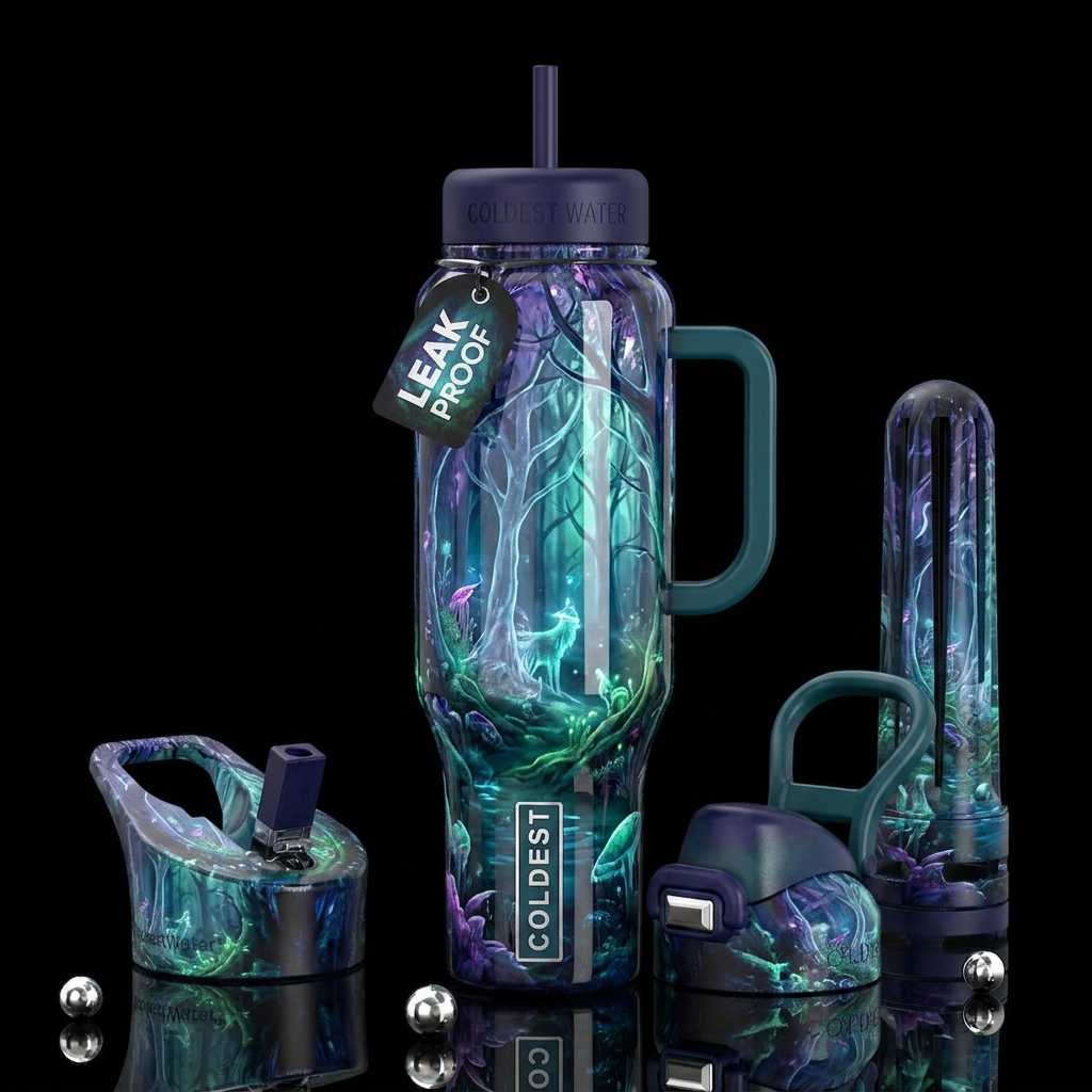 elaborately ghostly forest  , glossy, trompe-l'œil... water bottle design