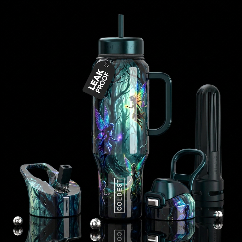 elaborately ghostly forest  , glossy, trompe-l'œil... water bottle design
