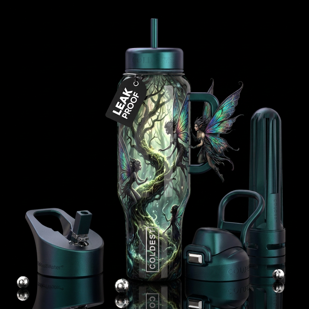 elaborately ghostly forest  , glossy, trompe-l'œil... water bottle design