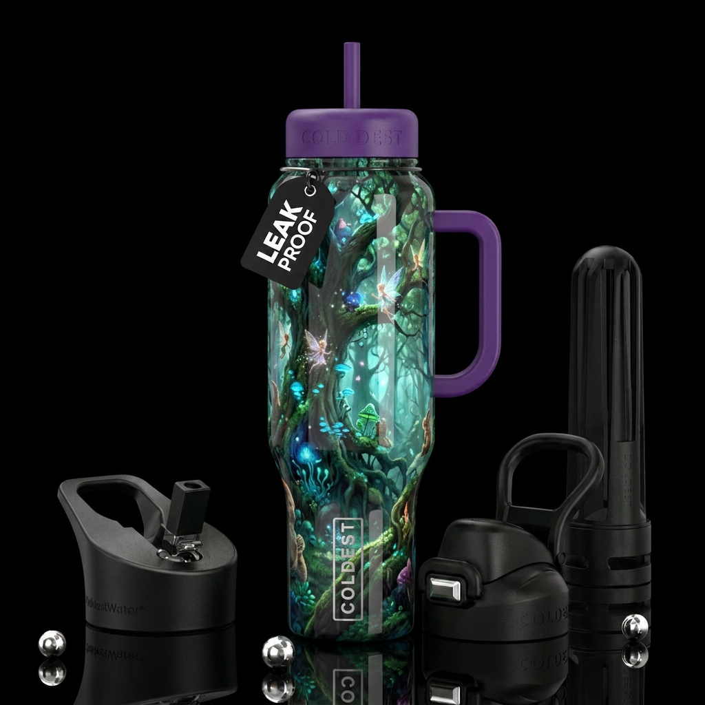 elaborately enchanted forest  , glossy, trompe-l'œ... water bottle design
