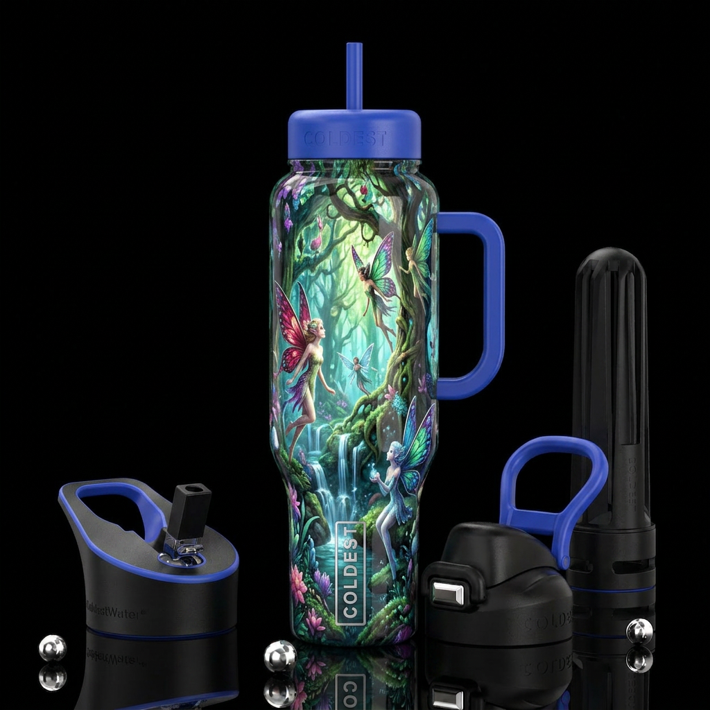 elaborately enchanted forest  , glossy, trompe-l'œ... water bottle design