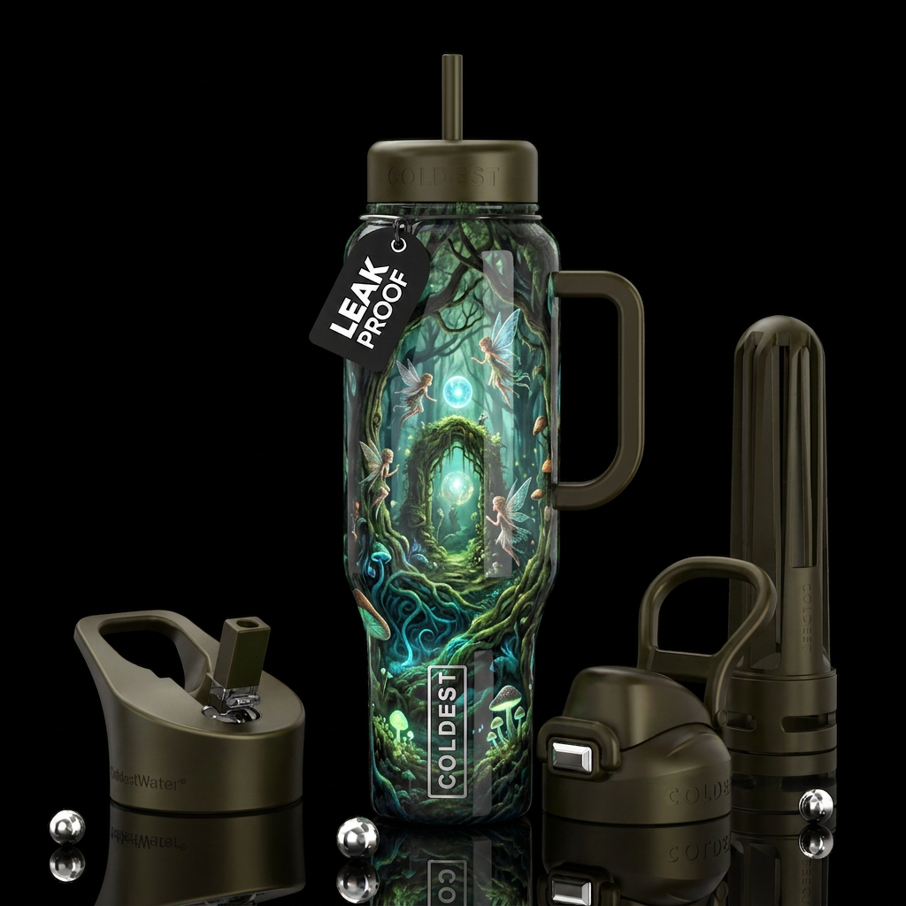 elaborately enchanted forest  , glossy, trompe-l'œ... water bottle design
