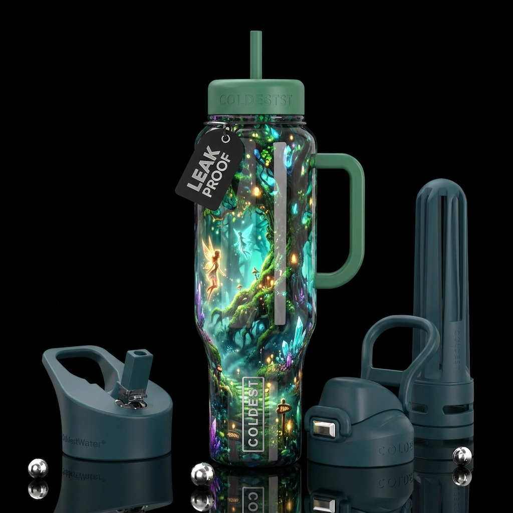 elaborately enchanted forest  , glossy, trompe-l'œ... water bottle design