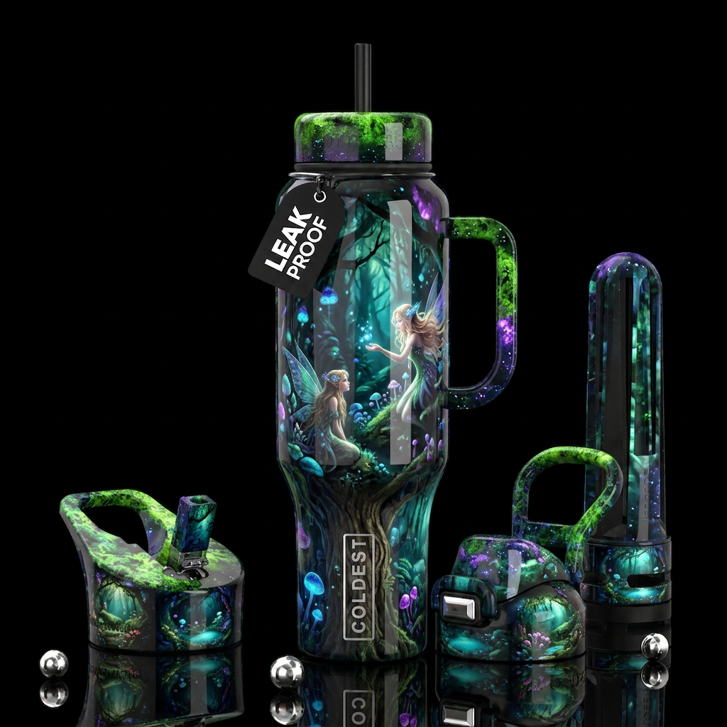 elaborately enchanted forest  , glossy, trompe-l'œ... water bottle design