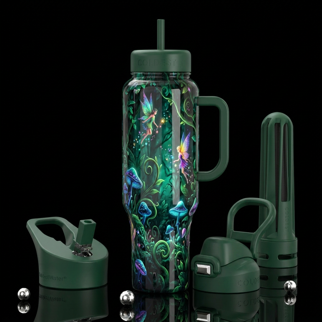 elaborately enchanted forest  , glossy, trompe-l'œ... water bottle design