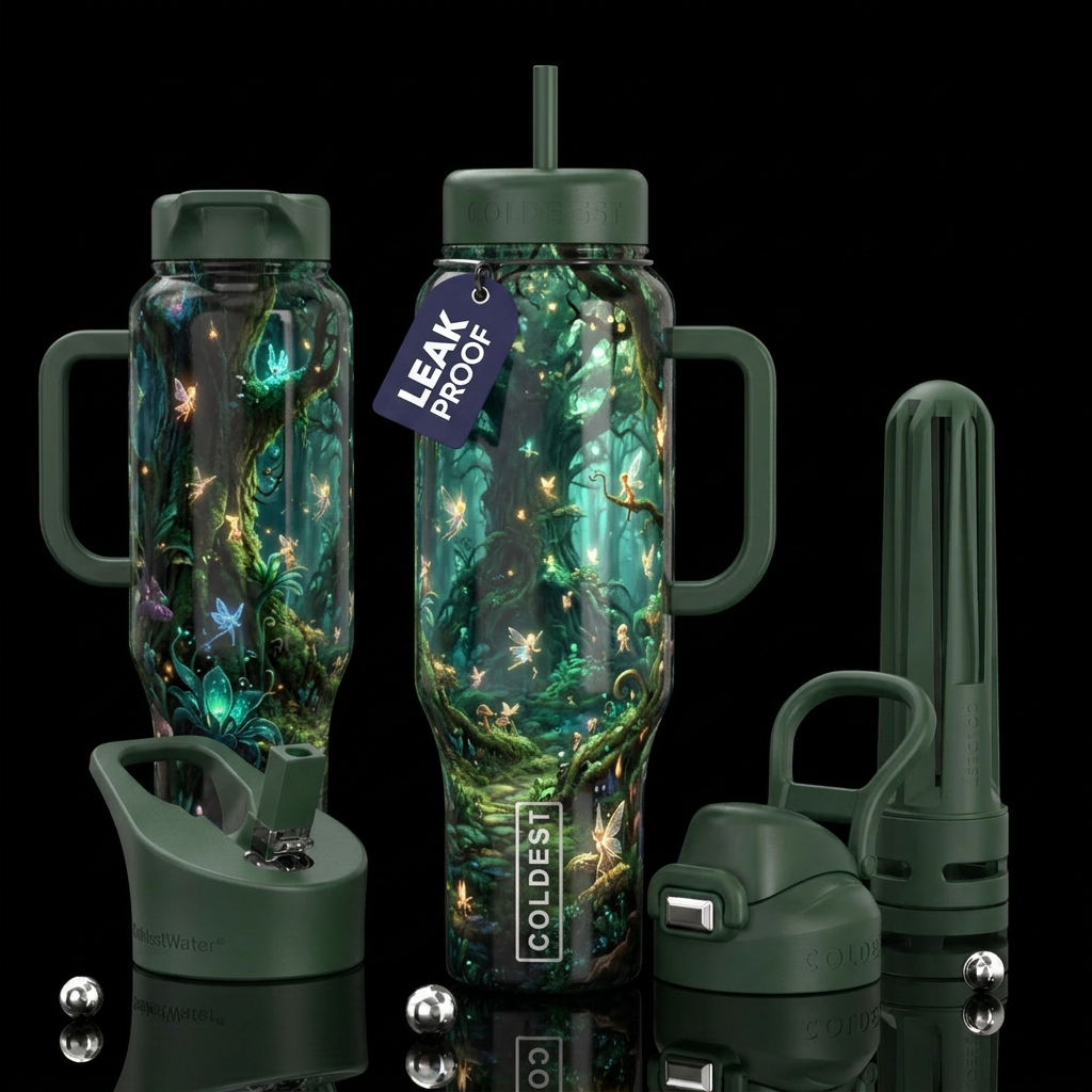 elaborately enchanted forest  , glossy, trompe-l'œ... water bottle design