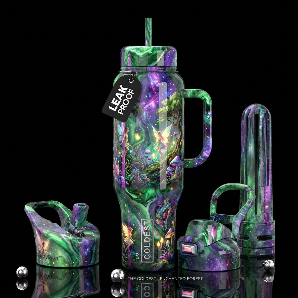 elaborately enchanted forest  , glossy, trompe-l'œ... water bottle design