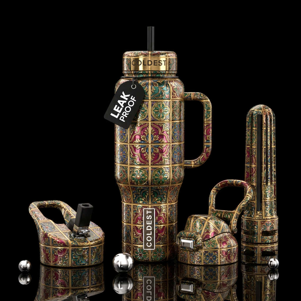 Victorian artistic tiles , gilded,glossy, trompe-l... water bottle design