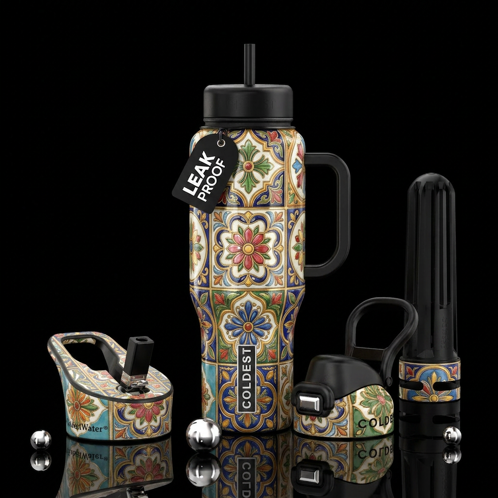 Victorian artistic tiles , gilded,glossy, trompe-l... water bottle design