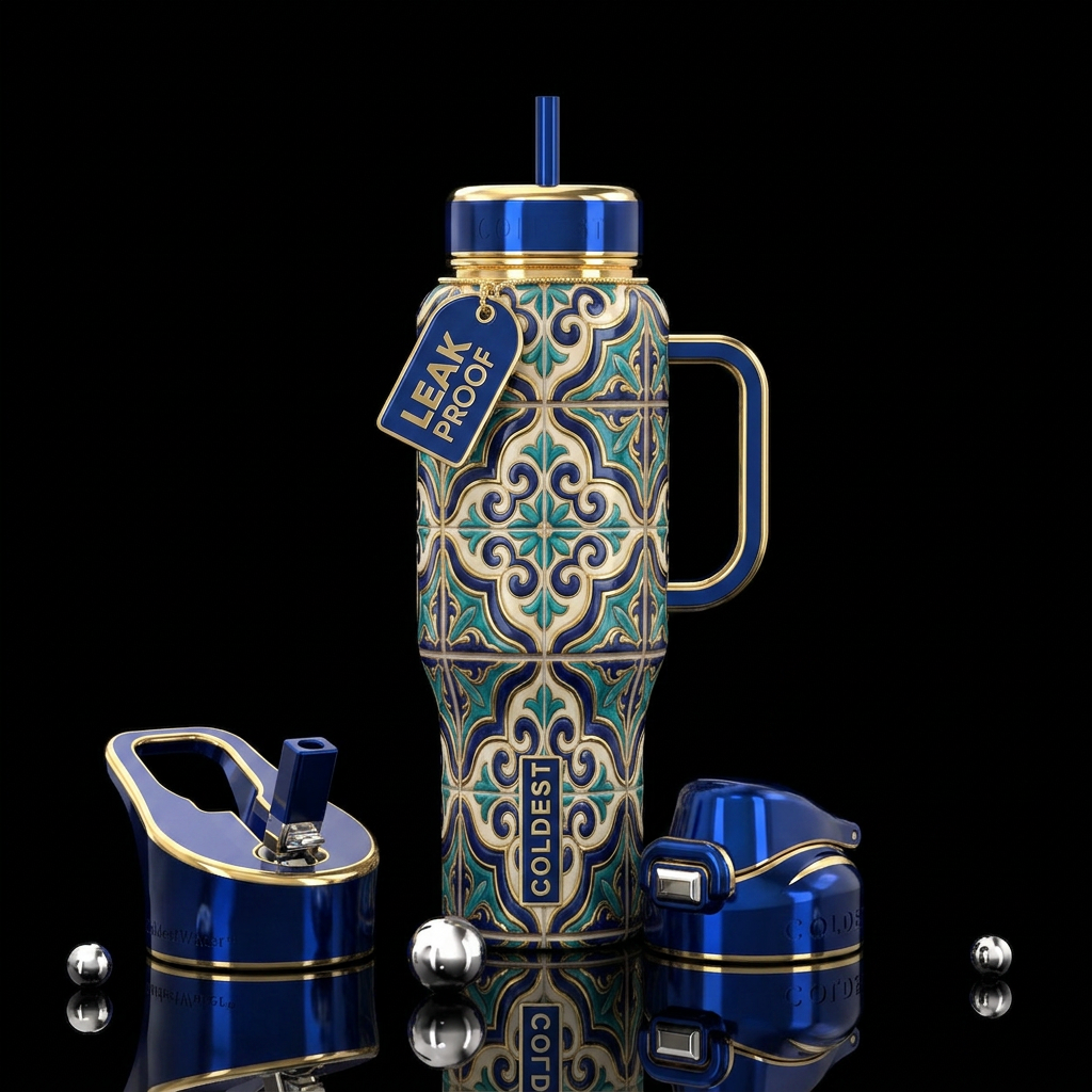 Prussian artistic tiles , gilded,glossy, trompe-l'... water bottle design