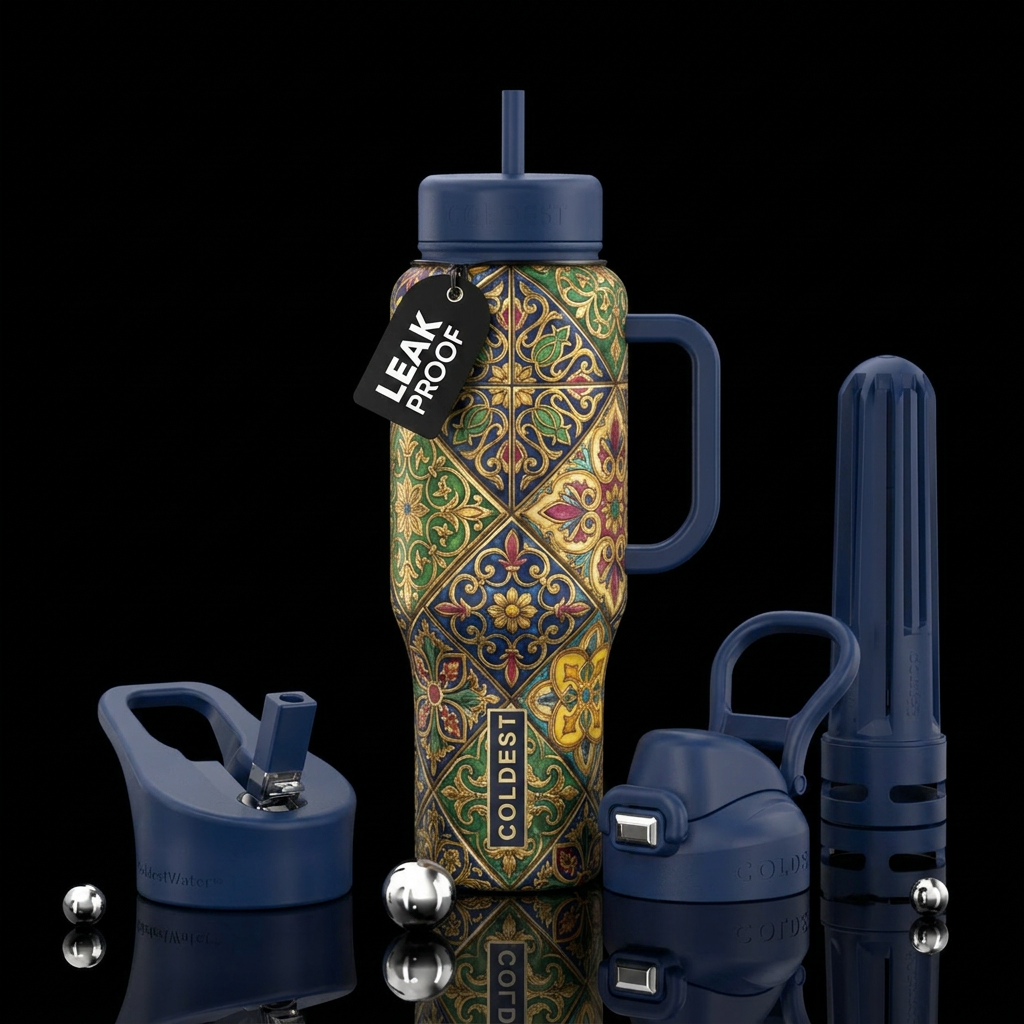 Prussian artistic tiles , gilded,glossy, trompe-l'... water bottle design