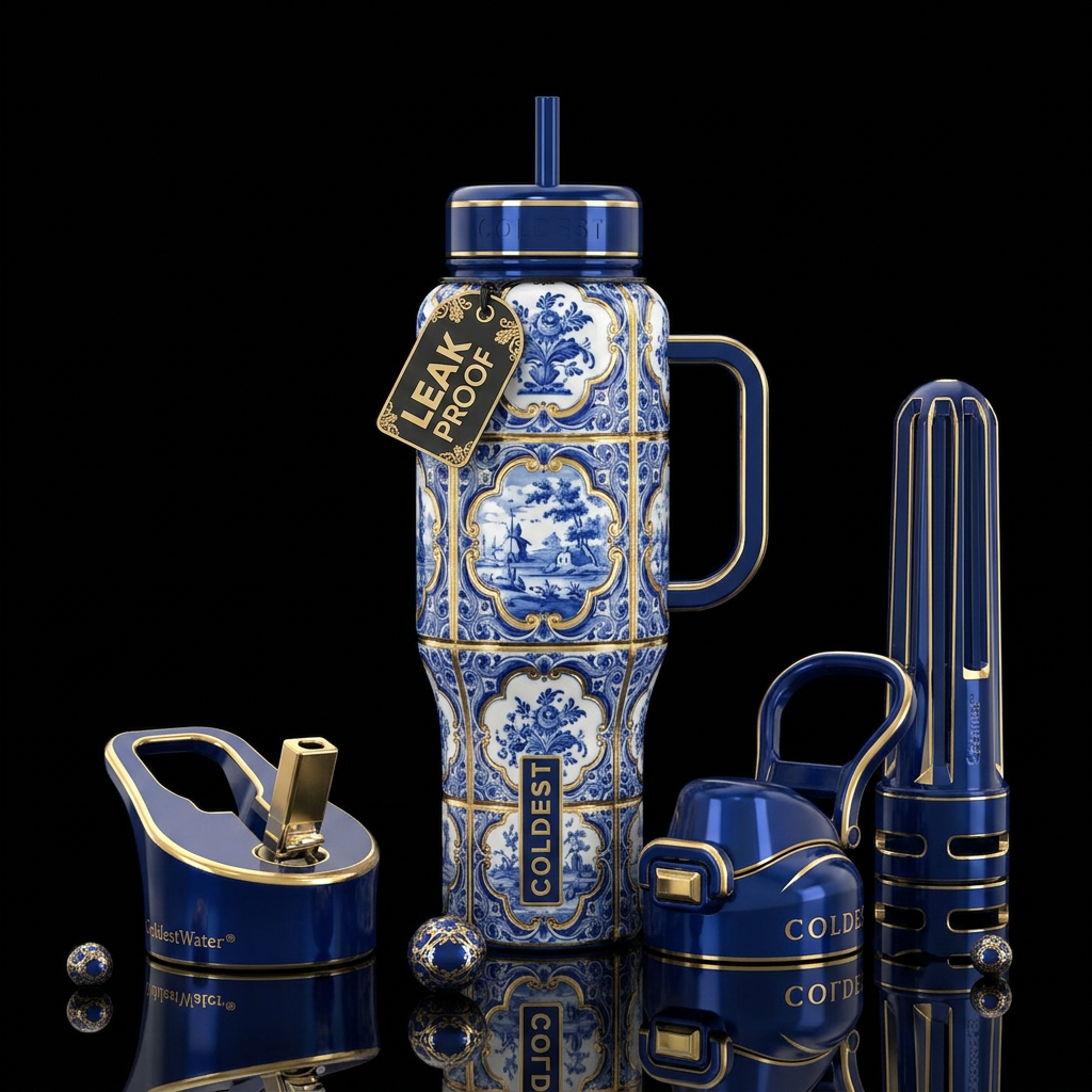 Prussian tiles , gilded,glossy, trompe-l'œil, beau... water bottle design
