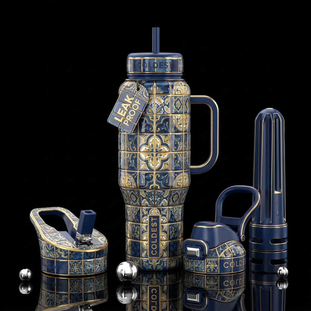 Prussian tiles , gilded,glossy, trompe-l'œil, beau... water bottle design
