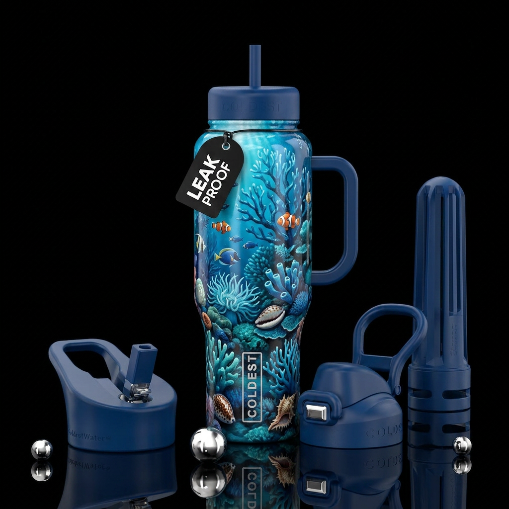 Prussian  , glossy, trompe-l'œil, beautiferous water bottle design