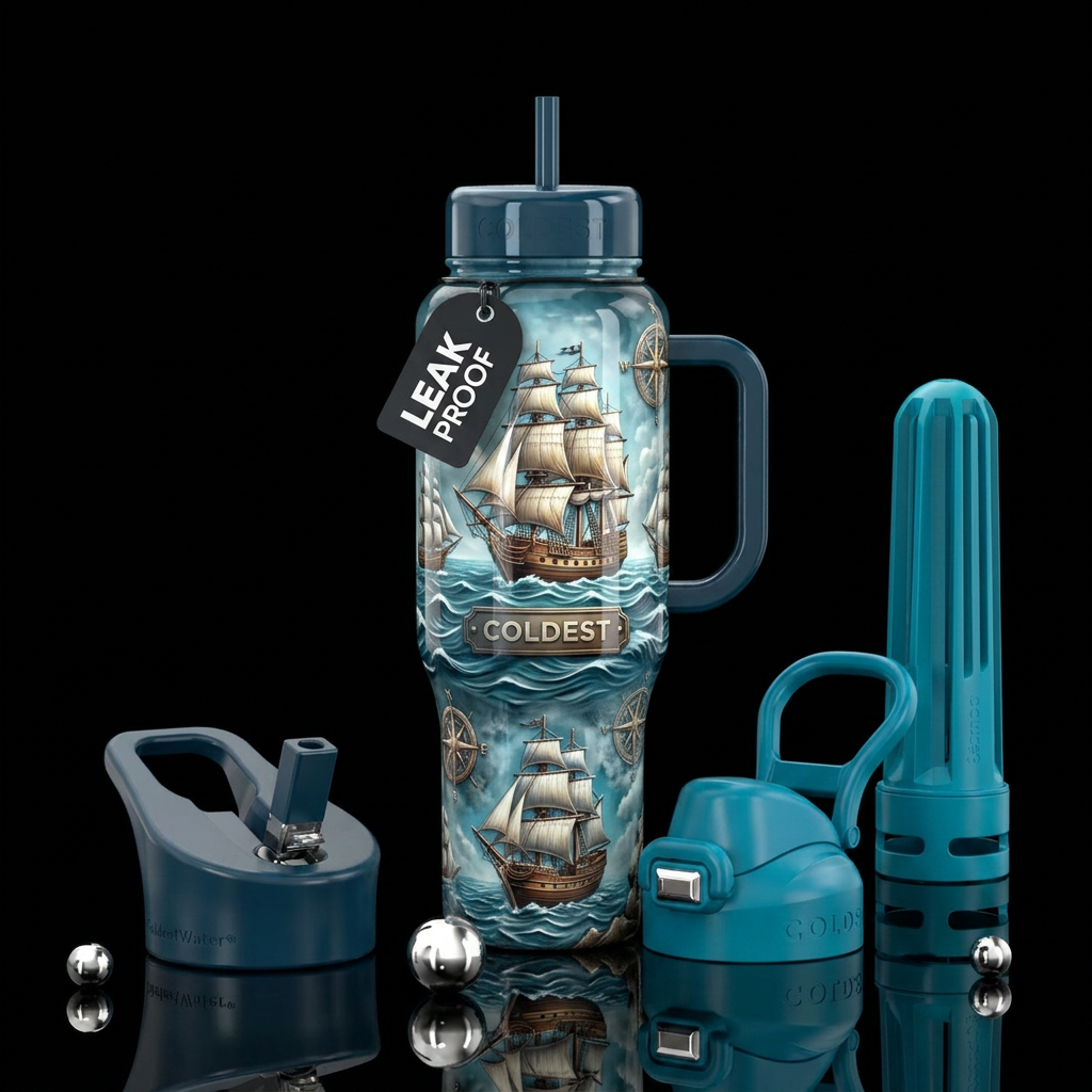 ships, glossy, trompe-l'œil, beautiferous water bottle design