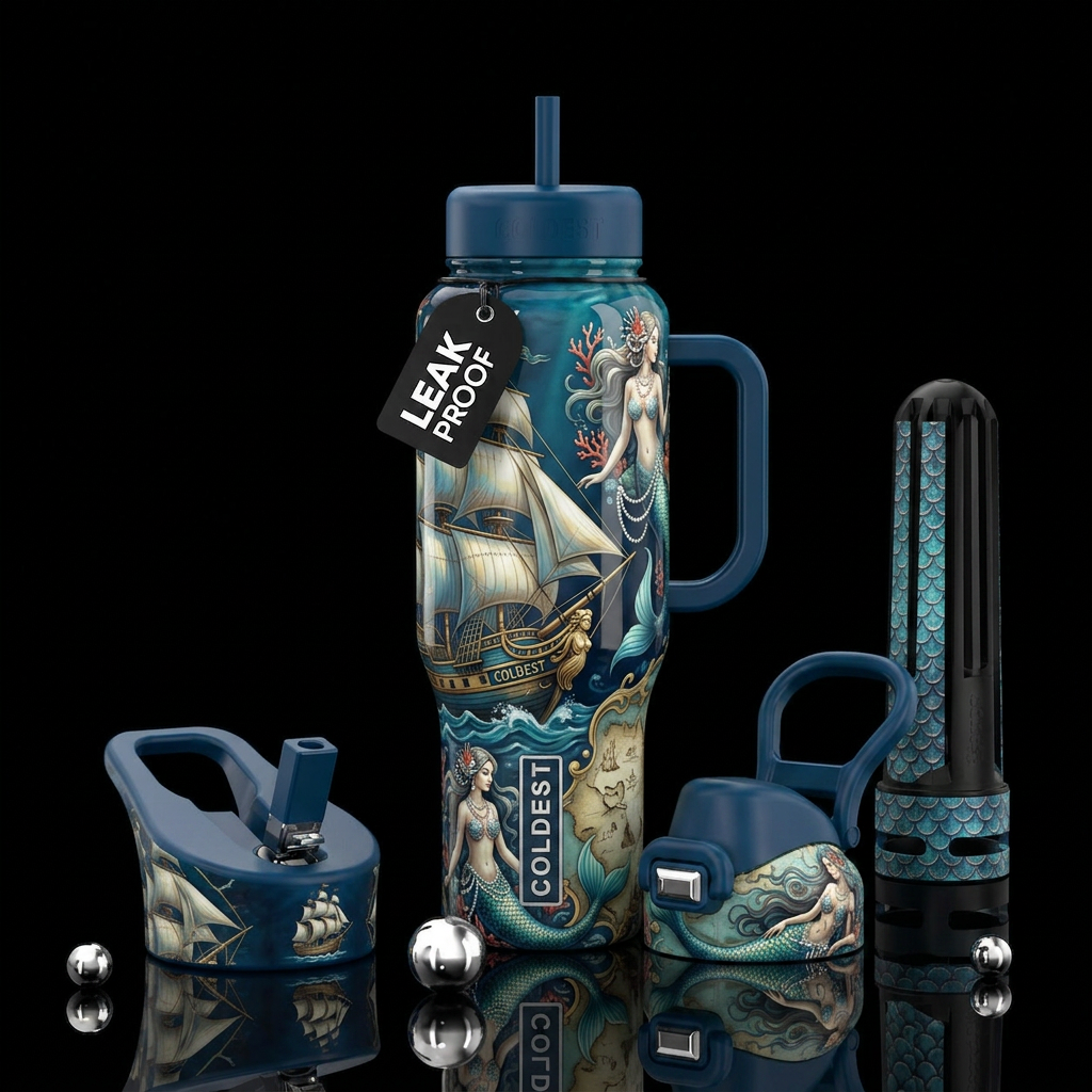 ships,mermaids glossy, trompe-l'œil, beautiferous water bottle design