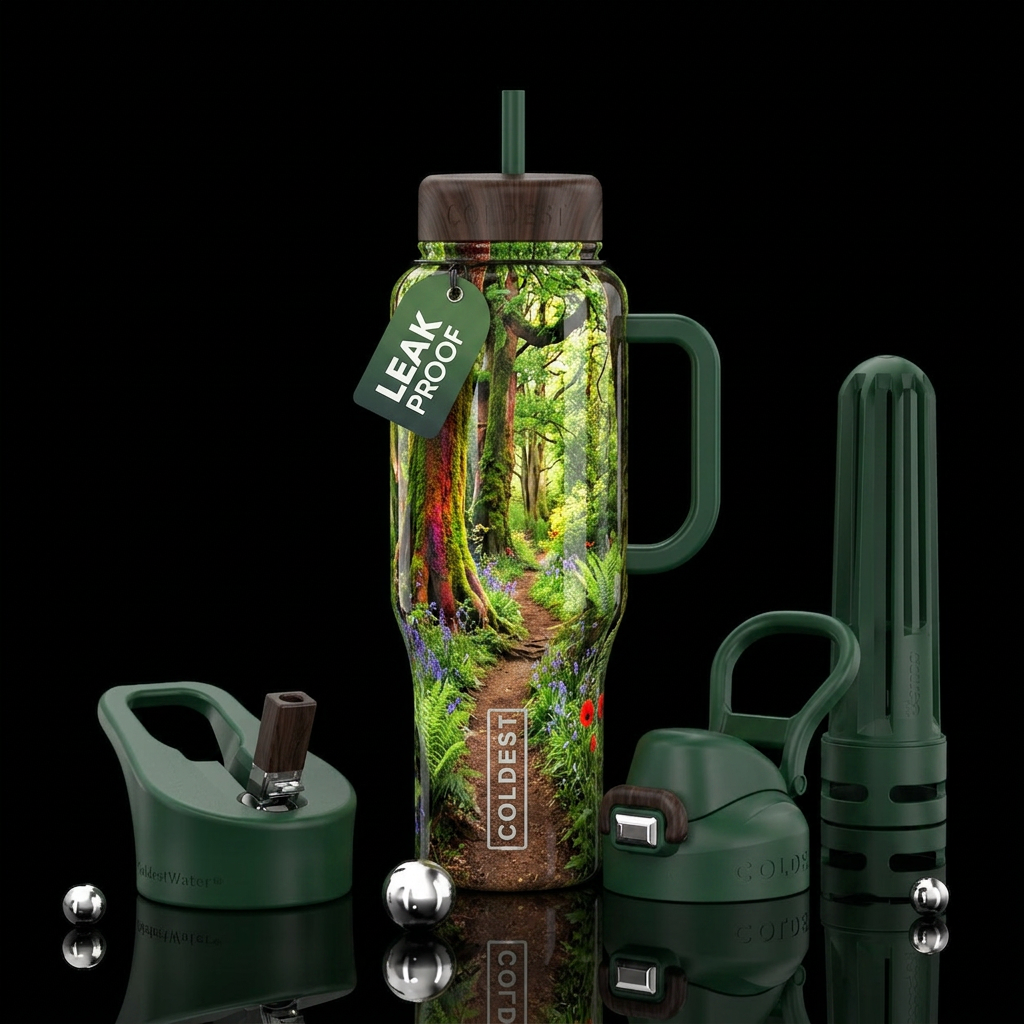 A path in the woods,glossy, trompe-l'œil, beautife... water bottle design