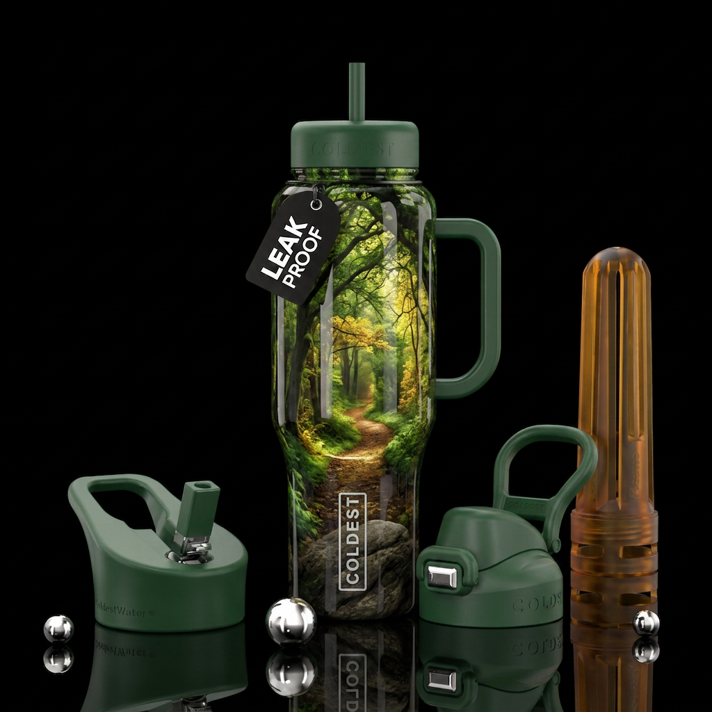A path in the woods,glossy, trompe-l'œil, beautife... water bottle design