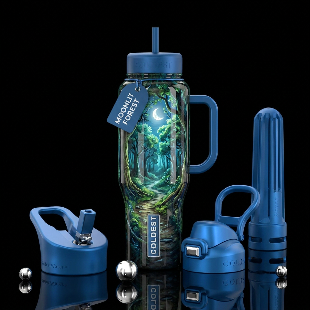 A path in the woods,glossy, trompe-l'œil, beautife... water bottle design