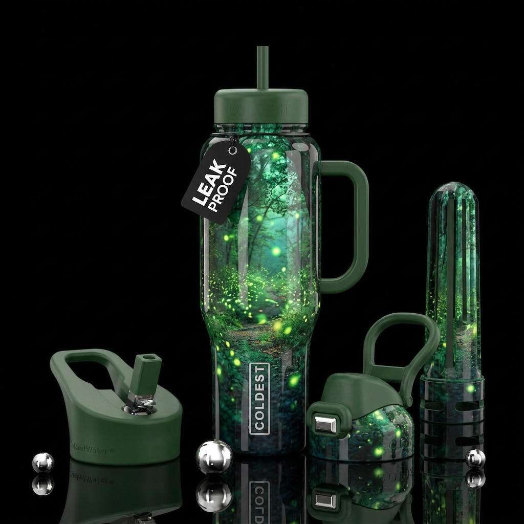 A path in the woods,glossy, trompe-l'œil, beautife... water bottle design