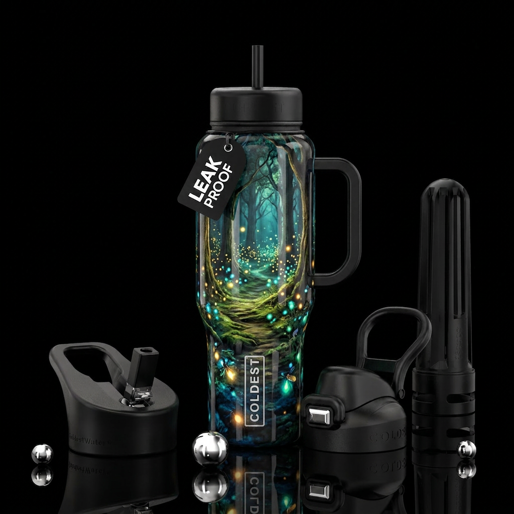 A path in the woods,glossy, trompe-l'œil, beautife... water bottle design