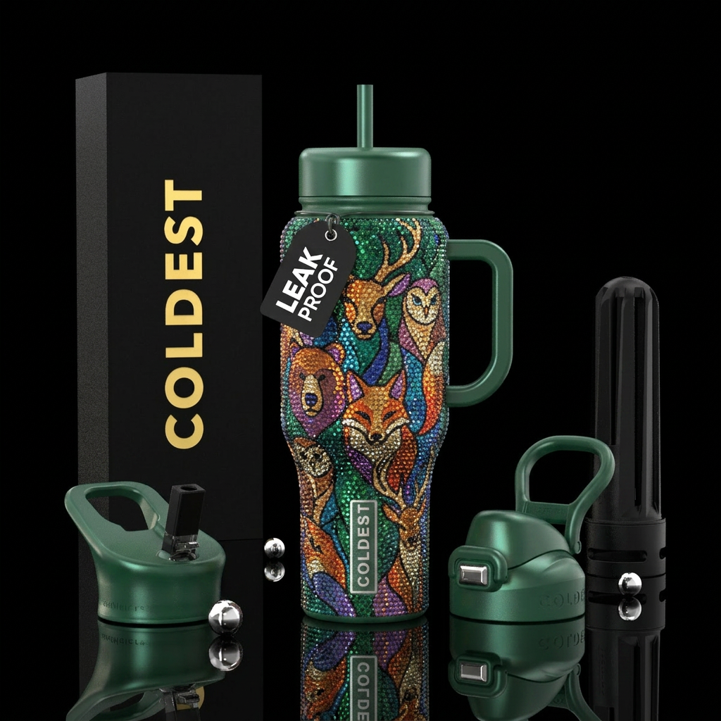 Abstract, vibrant, sparkles, woodland creatures water bottle design