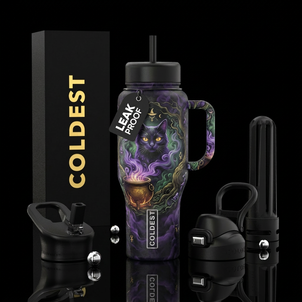 Witchy cat water bottle design