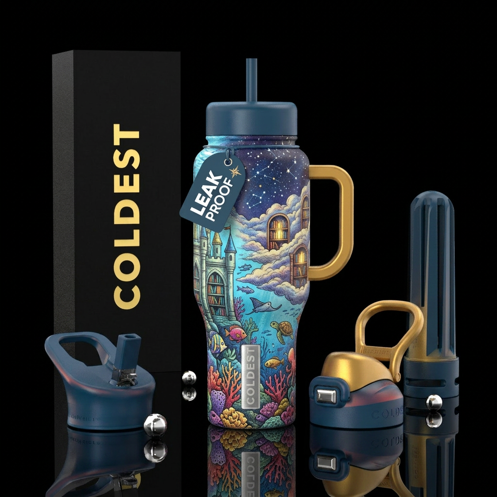 Library world water bottle design