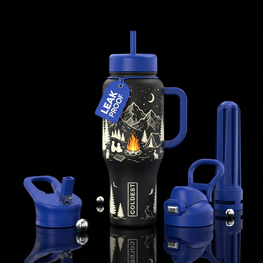 Camping, mountains, stars water bottle design