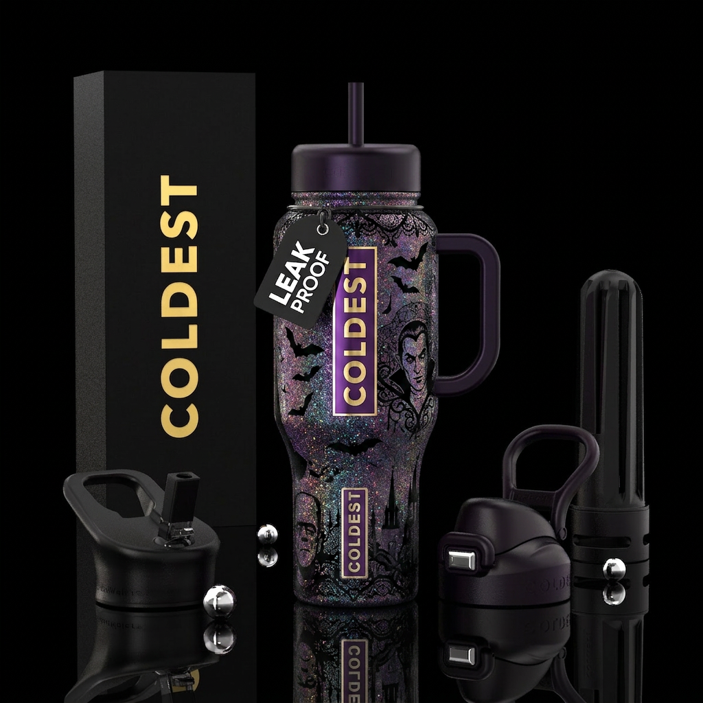 Dracula, Frankenstein, bats, witch, Gothic, sparkl... water bottle design