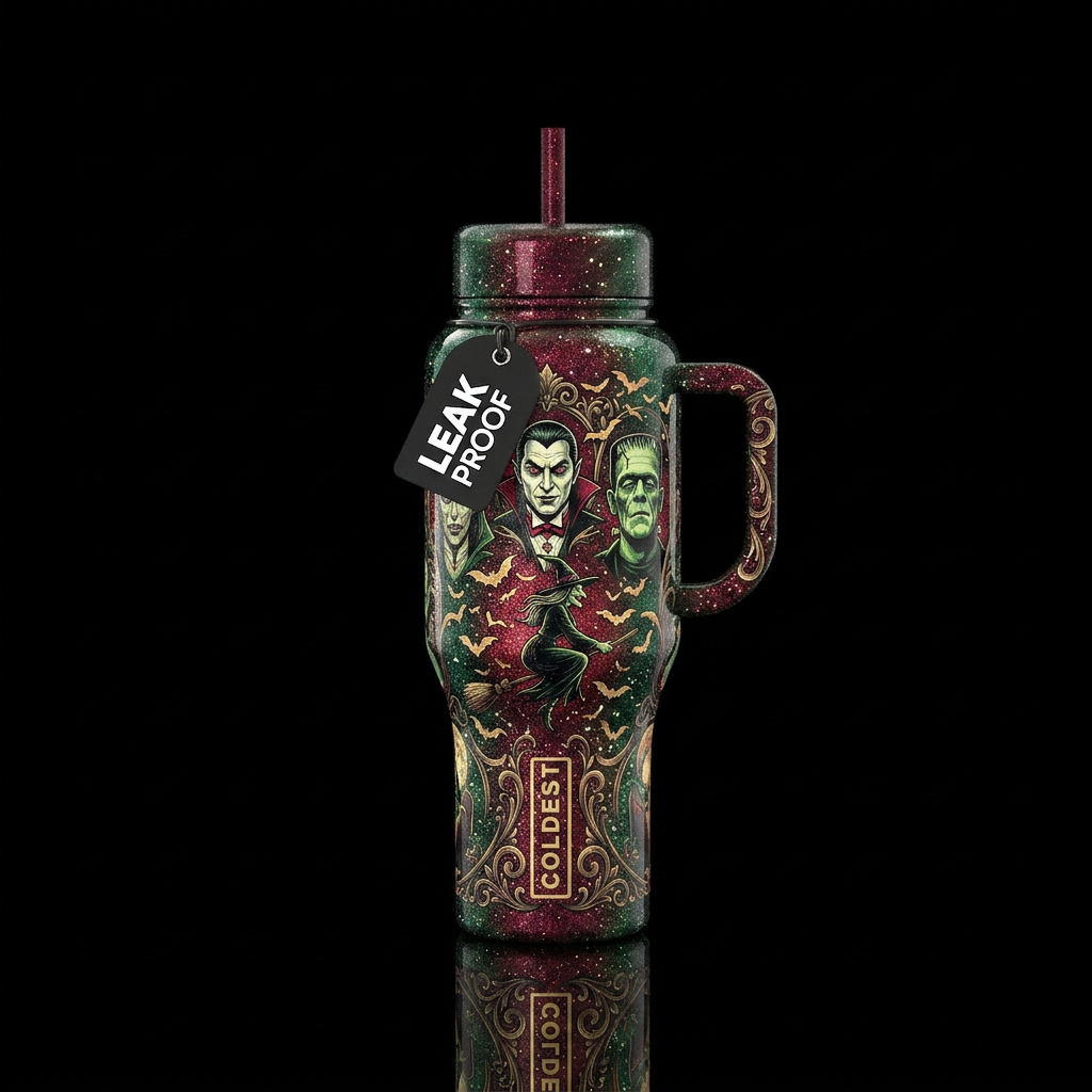 Dracula, Frankenstein, bats, witch, Gothic, sparkl... water bottle design