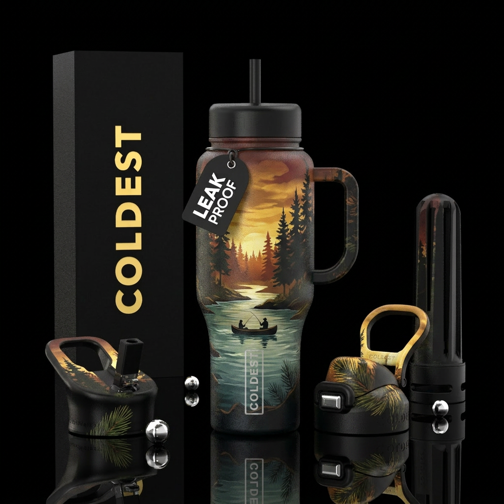 River, pine trees, nature, fishing, canoe, sunset,... water bottle design