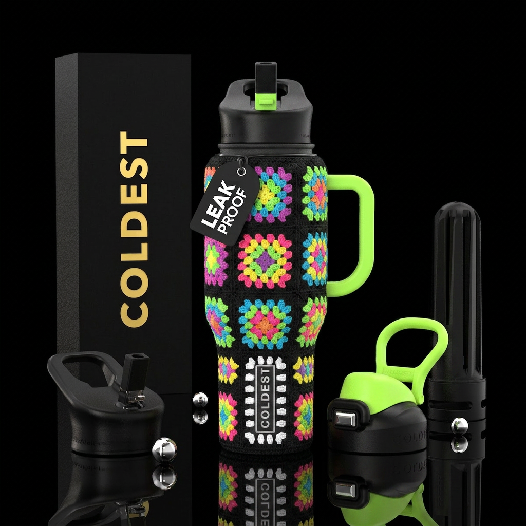 Crotchet,  granny squares, black background, multi... water bottle design